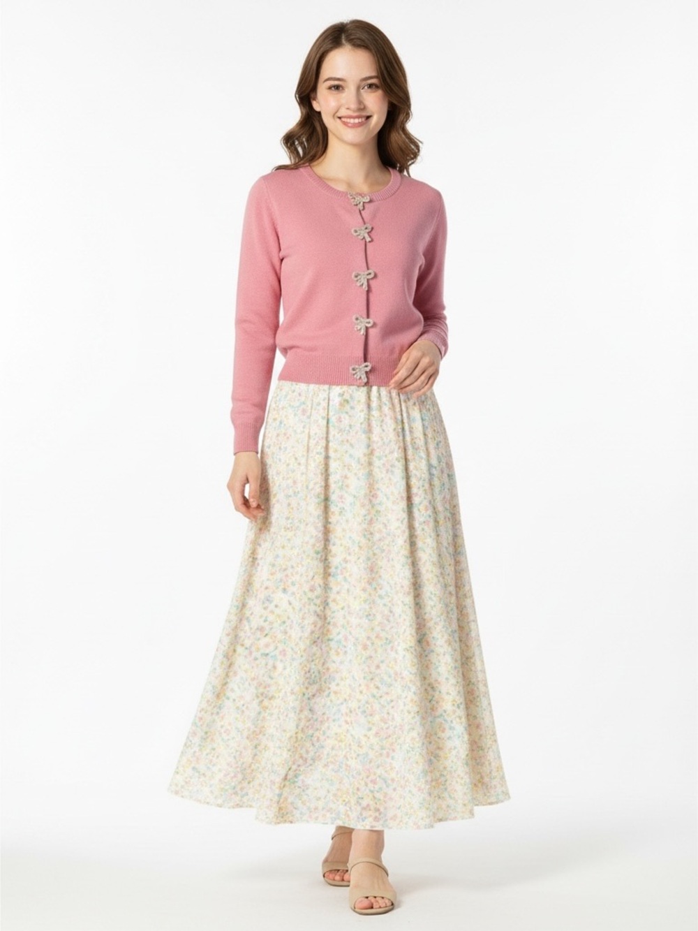Adrienne Vittadini Pink Cardigan PS Jeweled Bow Buttons Coquette Balletcore